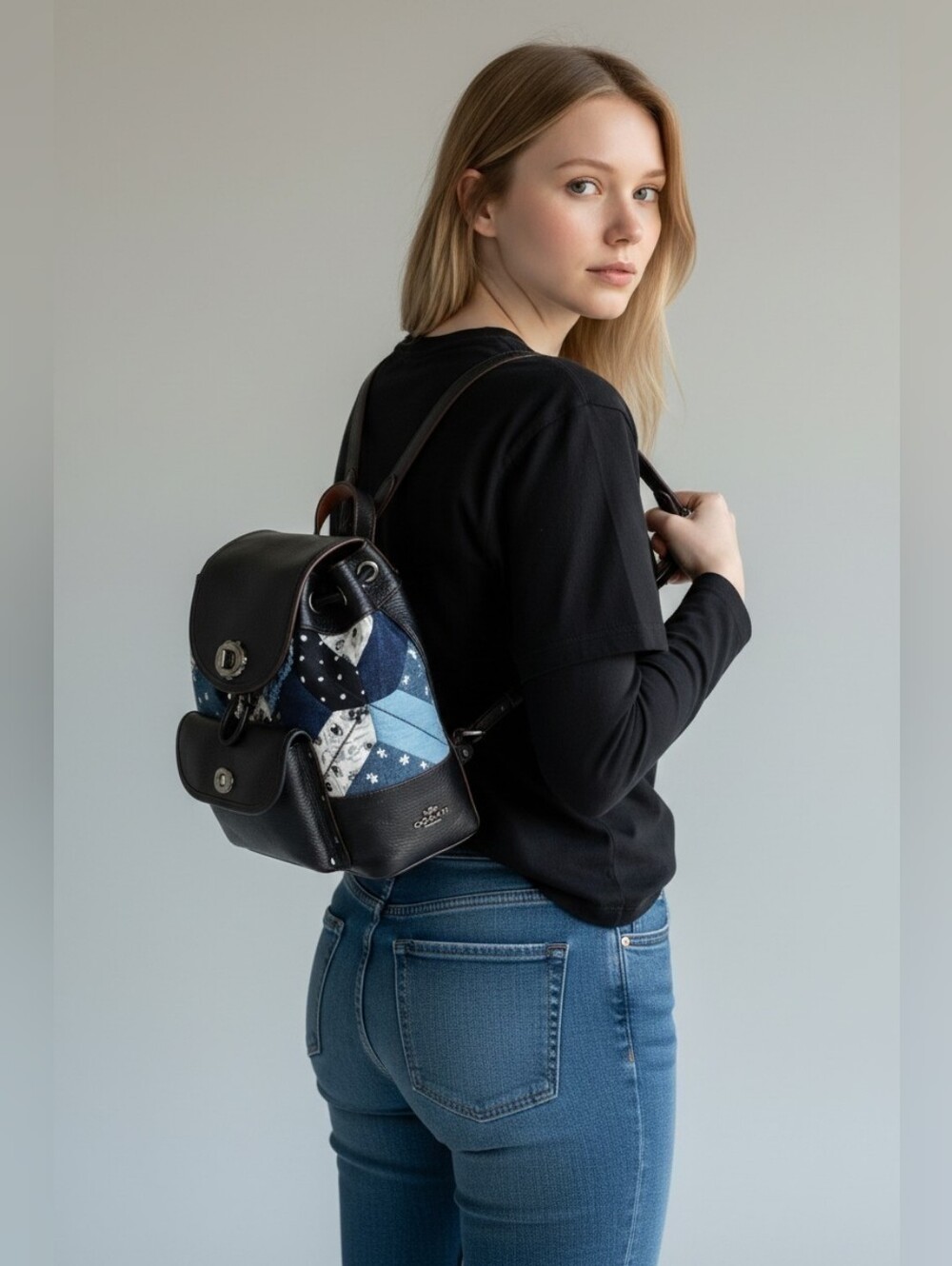 Rare Coach Black Leather & Blue Patchwork Mini Backpack
